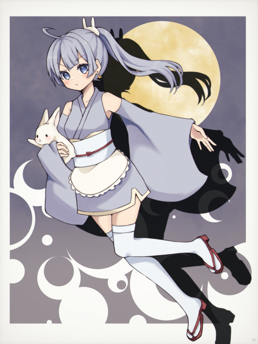1girl ahoge animal blush crescent crescent_earrings detached_sleeves drop_shadow earrings full_body full_moon geta grey_eyes grey_hair hair_ornament highres holding holding_animal japanese_clothes jewelry kimono long_hair long_sleeves looking_at_viewer moon obi original outstretched_arm ponytail rabbit rabbit_hair_ornament rageno0000 sash short_kimono sleeveless sleeveless_kimono solo tabi thigh-highs v-shaped_eyebrows wide_sleeves