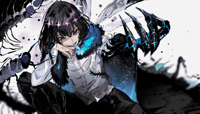 1boy black_coat black_hair black_pants blue_eyes bug butterfly centipede claws coat diamond_hairband dragonfly_wings fate/grand_order fate_(series) fur_trim grin hand_on_own_face highres kyouka_(exclamationmark) looking_at_viewer male_focus medium_hair oberon_(fate) oberon_(third_ascension)_(fate) pants shirt smile tongue tongue_out transparent_wings white_shirt