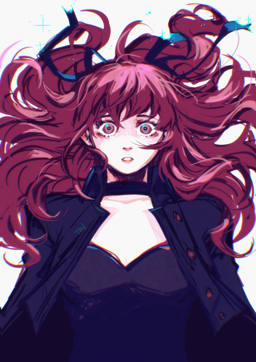 1girl absurdres black_choker black_jacket black_leotard black_ribbon choker commentary english_commentary hair_ribbon highres jacket kick_theecan leotard leotard_under_clothes long_hair looking_at_viewer open_clothes open_jacket persona persona_5 persona_5_the_royal red_eyes redhead ribbon simple_background solo white_background yoshizawa_kasumi