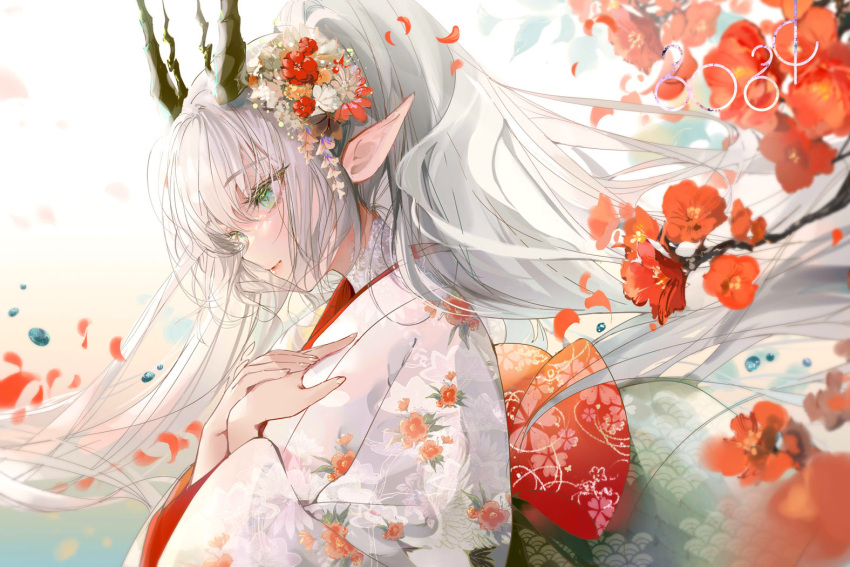 1girl 2024 chinese_zodiac dragon_horns falling_petals floral_print_kimono green_eyes grey_hair hand_on_own_chest happy_new_year horns japanese_clothes kimono kinokohime layered_clothes layered_kimono looking_to_the_side obi original petals pointy_ears red_kimono red_sash sash seigaiha solo tree white_kimono year_of_the_dragon