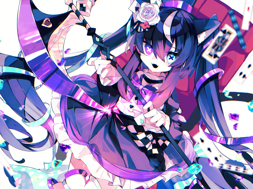 1girl ace_(playing_card) ace_of_hearts animal_ears aqua_eyes axe black_hair blurry blurry_foreground bow bowtie buttons card cat_ears chair commentary_request cowboy_shot eight_of_clubs five_of_spades frilled_skirt frills gradient_hair heart heart_button heterochromia highres holding holding_axe king_(playing_card) king_of_spades long_hair long_sleeves looking_at_viewer meto_(metrin) multicolored_hair open_mouth original playing_card purple_bow purple_bowtie purple_hair purple_skirt shirt simple_background skirt smile streaked_hair symbol-shaped_pupils three_of_clubs twintails violet_eyes white_background white_hair white_shirt x-shaped_pupils