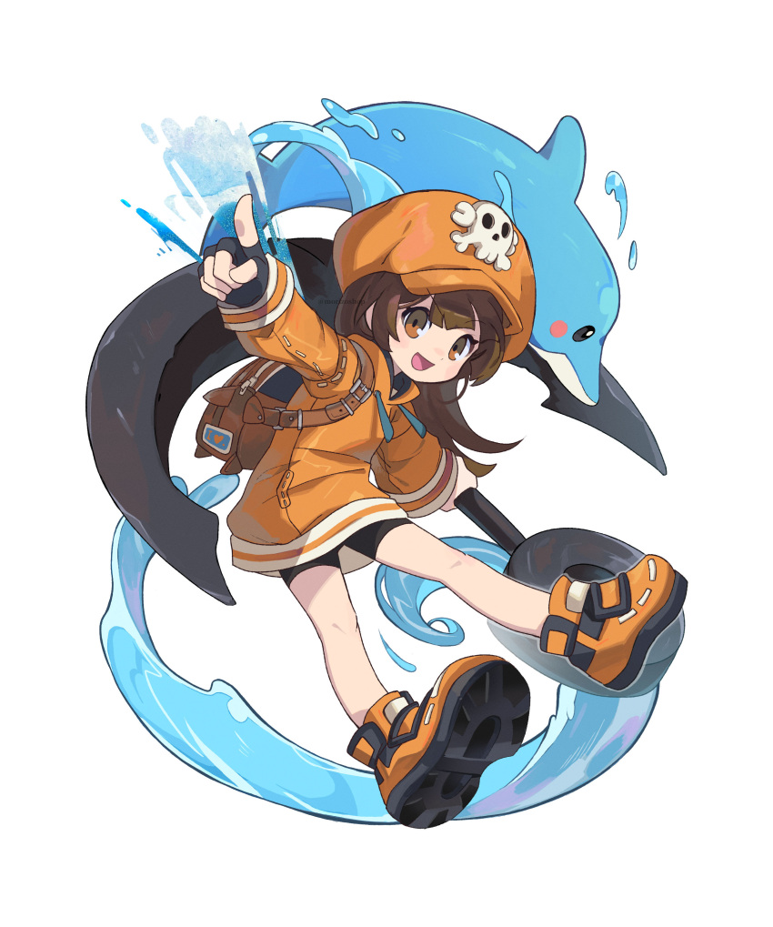 1girl :d absurdres anchor bike_shorts black_gloves black_shorts brown_bag brown_hair cabbie_hat dolphin fingerless_gloves full_body gloves guilty_gear hat highres hood hoodie index_finger_raised long_hair long_sleeves may_(guilty_gear) morizo_(morizoshop) mr._dolphin_(guilty_gear) orange_eyes orange_footwear orange_headwear orange_hoodie raised_eyebrow shoes shorts simple_background skull_and_crossbones smile solo twitter_username water white_background