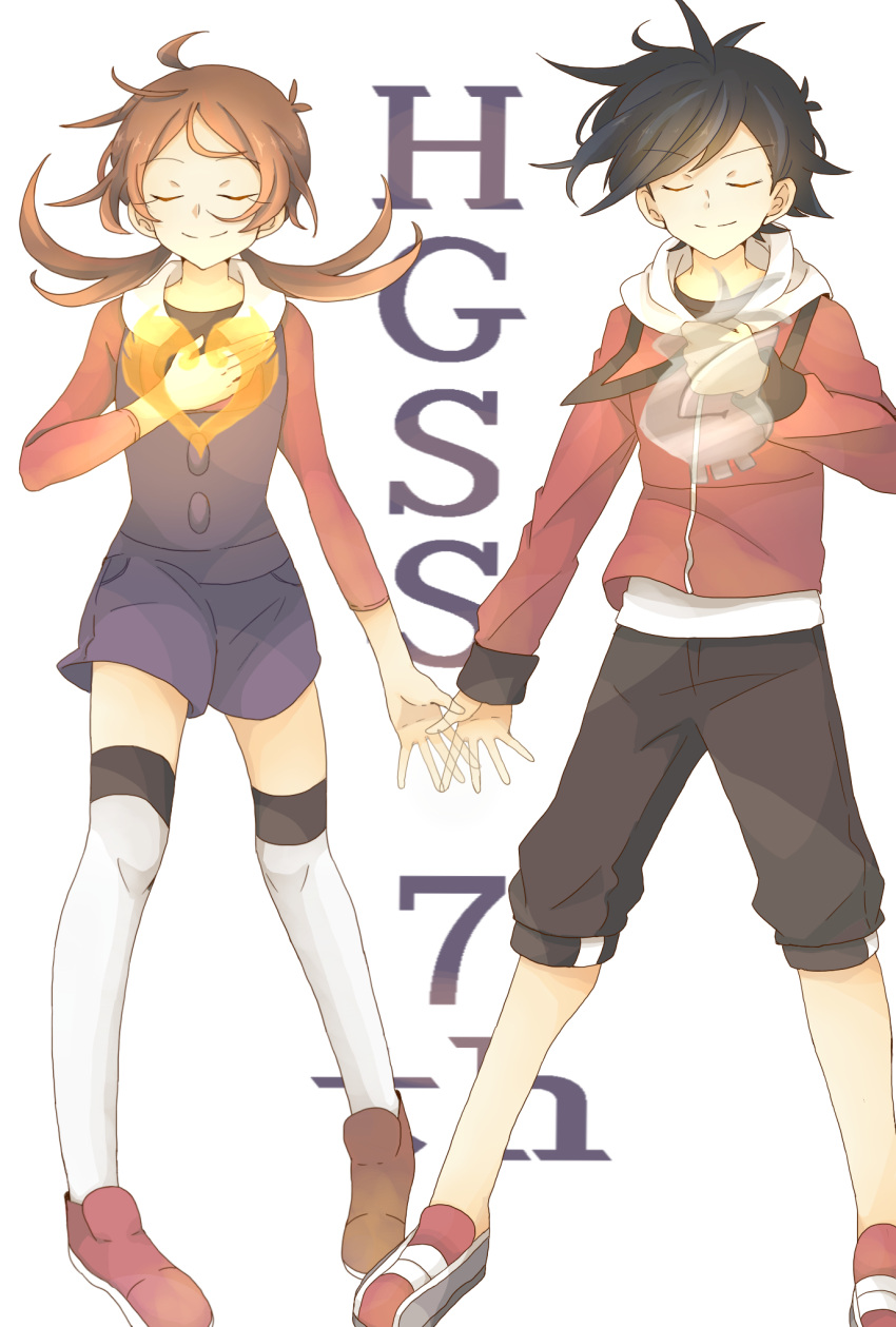 1boy 1girl artist_request black_pants blue_overalls blush brown_hair closed_eyes ethan_(pokemon) floating_hair hand_on_own_chest hand_over_heart heart_on_chest highres jacket long_hair long_sleeves lyra_(pokemon) non-web_source overalls pants pokemon pokemon_hgss red_footwear red_jacket red_shirt shirt short_hair smile source_request thigh-highs twintails white_background white_thighhighs