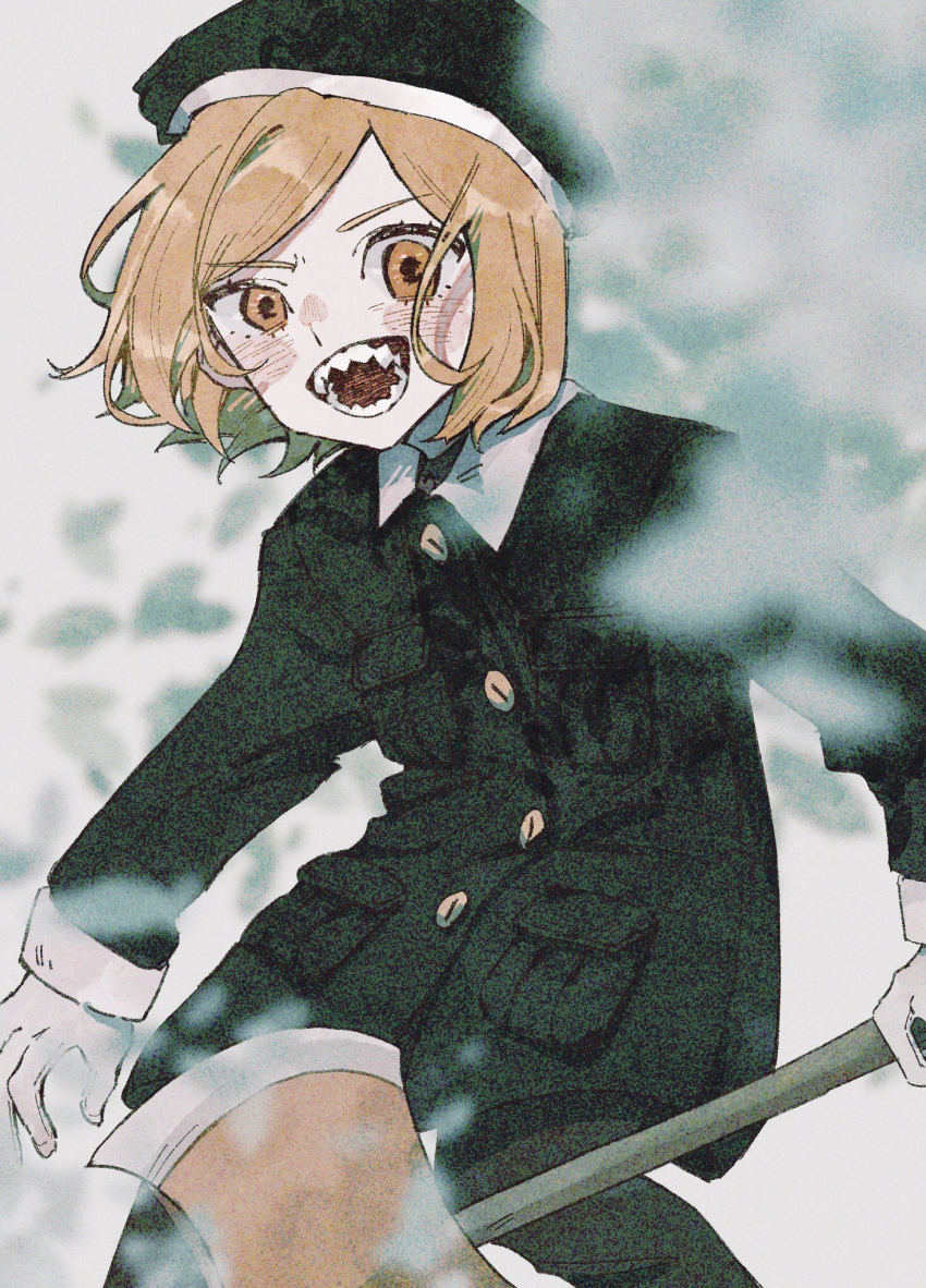 1girl axe blonde_hair blurry blush buttons collared_jacket depth_of_field fate/grand_order fate_(series) feet_out_of_frame film_grain gloves green_headwear green_jacket highres holding holding_axe jacket long_sleeves looking_at_viewer open_mouth orange_eyes paul_bunyan_(fate) sharp_teeth short_hair solo sosotemuyo swept_bangs teeth white_gloves