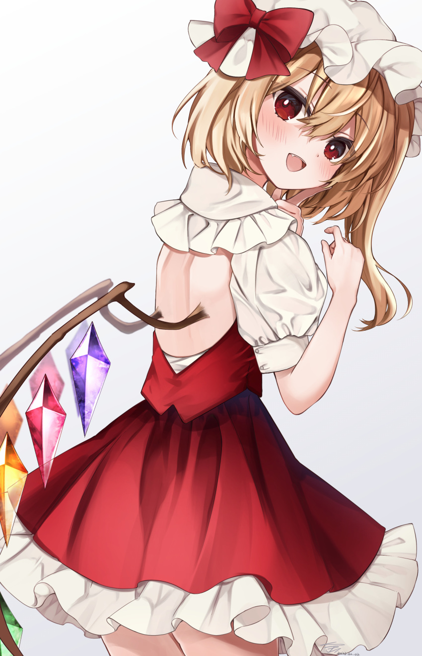 absurdres backless_outfit blonde_hair cowboy_shot dress flandre_scarlet from_behind hair_ribbon hat highres looking_at_viewer open_mouth red_dress red_eyes red_ribbon ribbon side_ponytail simple_background touhou white_background yuineko