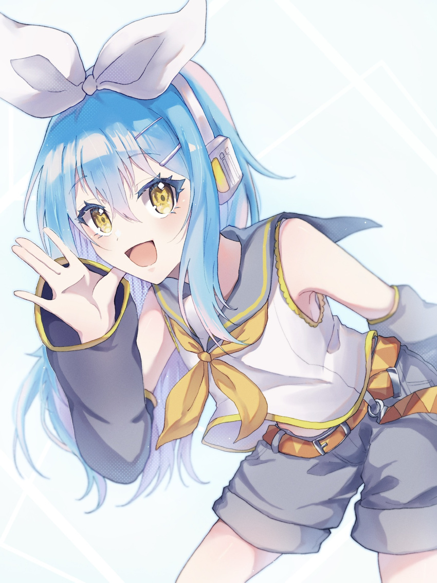 1other :d androgynous belt belt_buckle blue_hair bow buckle chocoeiru cosplay detached_sleeves floating_hair grey_sailor_collar grey_shorts grey_sleeves hair_between_eyes hair_bow headphones highres kagamine_rin kagamine_rin_(cosplay) leaning_forward long_hair long_sleeves looking_at_viewer open_mouth orange_belt rimuru_tempest sailor_collar sailor_shirt shirt short_shorts shorts sleeveless sleeveless_shirt smile tensei_shitara_slime_datta_ken very_long_hair vocaloid white_background white_bow white_shirt yellow_eyes