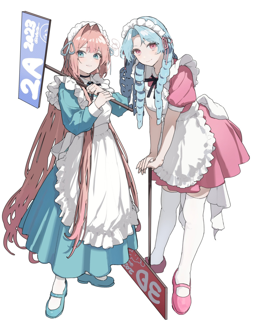 2girls ahute alternate_costume apron black_ribbon blue_dress blue_eyes blue_footwear blue_hair braid closed_mouth dress enmaided frilled_apron frills hair_intakes highres holding holding_sign light_blue_hair long_hair looking_at_viewer maid maid_apron maid_headdress multiple_girls orange_hair original pink_dress pink_eyes pink_footwear puffy_short_sleeves puffy_sleeves ribbon ringlets short_sleeves sign smile standing teeth thigh-highs twin_braids very_long_hair waist_apron white_apron