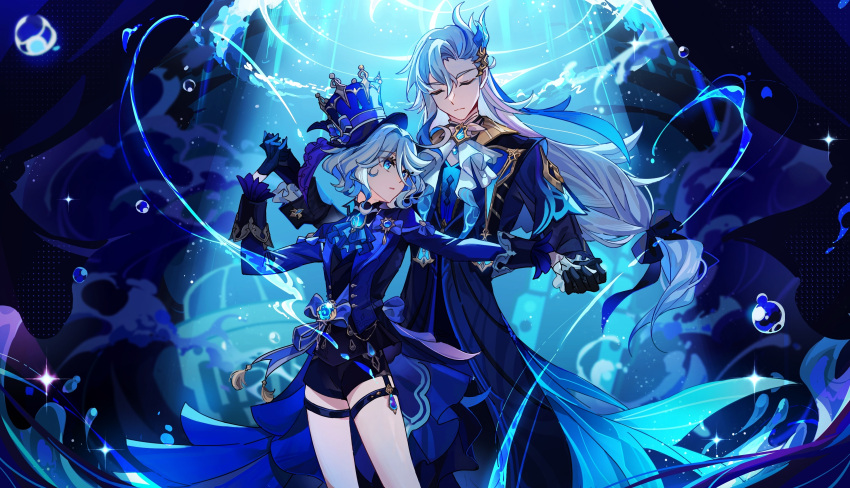 1boy 1girl absurdres ascot black_gloves black_shorts blue_ascot blue_bow blue_brooch blue_coat blue_eyes blue_hair blue_headwear blue_jacket blue_theme bow closed_eyes coat dancing furina_(genshin_impact) genshin_impact gloves hair_between_eyes hat hat_bow heterochromia highres holding_hands jacket long_hair long_sleeves neuvillette_(genshin_impact) one_side_up parted_lips shorts shuoruoranxing sparkle thigh_strap top_hat water_drop white_ascot