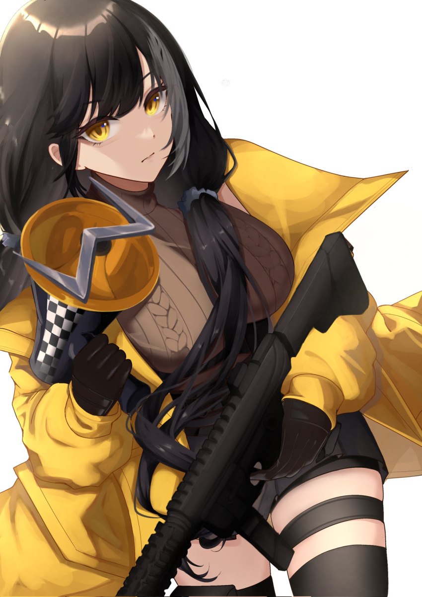 1girl black_gloves black_hair black_thighhighs breasts closed_mouth colt_9mm_smg girls_frontline gloves highres holding holding_megaphone holding_weapon jacket large_breasts long_hair looking_at_viewer megaphone multicolored_hair ro635_(girls'_frontline) shirt simple_background skirt solo streaked_hair thigh-highs thigh_strap twintails weapon xiye_(hmrr2738) yellow_eyes yellow_jacket