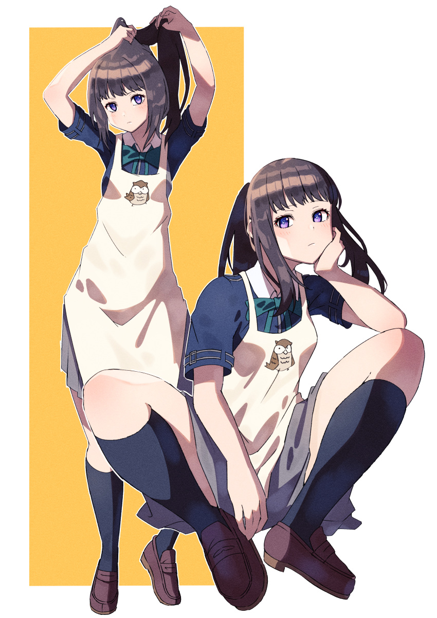 1girl absurdres apron arms_up bird black_socks blue_shirt bow bowtie brown_footwear brown_hair closed_mouth collared_shirt cruzango0510 expressionless film_grain green_bow green_bowtie grey_skirt hand_on_own_cheek hand_on_own_face highres inoue_takina kneehighs loafers long_hair looking_at_viewer lycoris_recoil multiple_views owl owl_print plantar_flexion ponytail shirt shoes short_sleeves sidelocks sitting skirt socks standing two-tone_background tying_hair violet_eyes white_apron white_background yellow_background