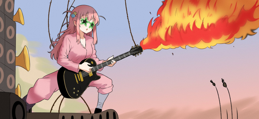 1girl :o amogan bocchi_the_rock! commentary english_commentary fire gotoh_hitori gradient_sky green-framed_eyewear guitar highres holding holding_guitar holding_instrument instrument long_hair mad_max mad_max:_fury_road music pajamas parody parted_lips pink_hair pink_pajamas playing_instrument scene_reference sky solo star-shaped_eyewear sunglasses