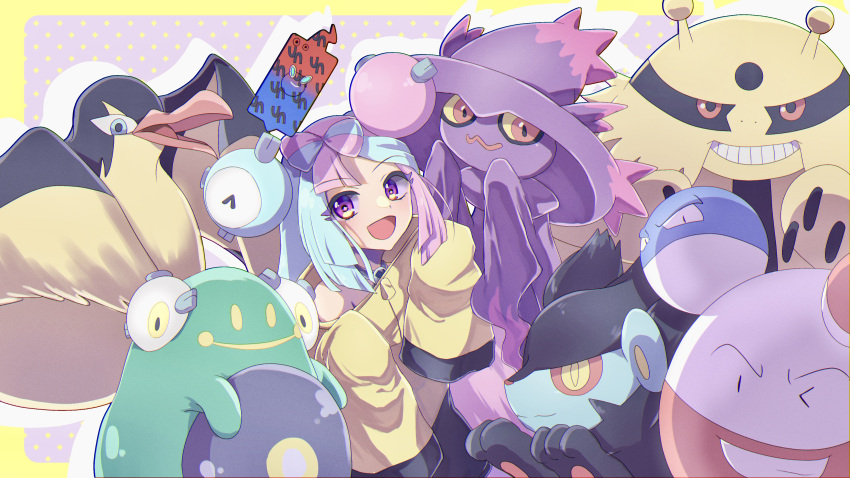 1girl :d absurdres bellibolt bow-shaped_hair character_hair_ornament commentary_request electivire electrodes green_hair hair_ornament happy highres iono_(pokemon) izmiann jacket kilowattrel long_hair looking_at_viewer luxray mismagius multicolored_hair open_mouth pink_hair pokemon pokemon_(creature) pokemon_sv rotom rotom_phone smile two-tone_hair violet_eyes voltorb yellow_jacket