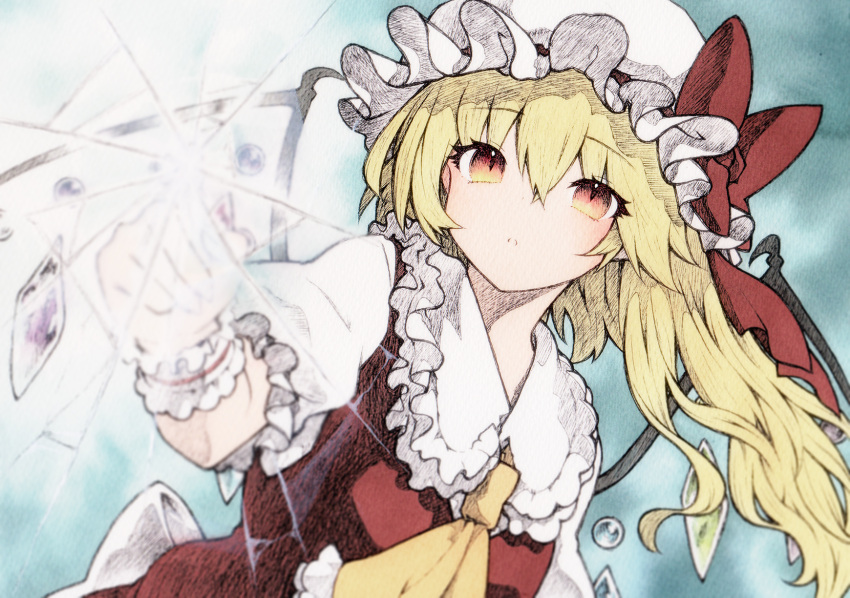 1girl ascot blonde_hair bow crystal flandre_scarlet frilled_shirt_collar frills hat hat_bow highres long_hair looking_at_viewer mob_cap parted_lips qqqrinkappp red_bow red_eyes red_vest shirt short_sleeves side_ponytail solo touhou traditional_media upper_body vest white_headwear white_shirt wings wrist_cuffs yellow_ascot
