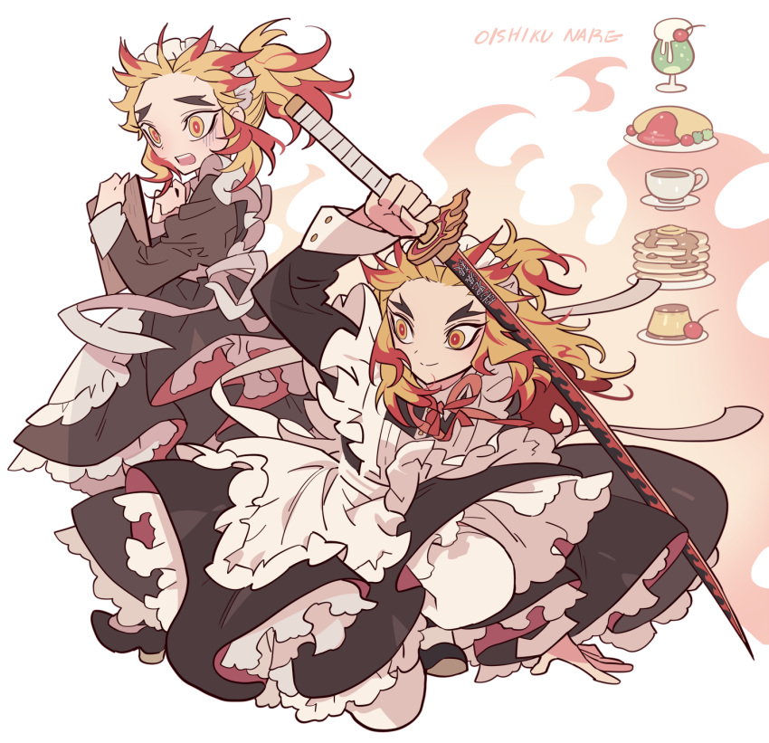 2boys alternate_costume apron arm_up black_dress black_footwear blonde_hair brothers cherry closed_mouth coffee_cup colored_tips commentary_request cream_soda crossdressing cup disposable_cup dress enmaided food forked_eyebrows frilled_apron frills fruit full_body highres holding holding_menu holding_sword holding_weapon juliet_sleeves katana kimetsu_no_yaiba long_sleeves maid maid_apron maid_headdress male_focus male_maid menu meremero multicolored_hair multiple_boys omelet omurice open_mouth pancake pancake_stack plate pudding puffy_sleeves redhead rengoku_kyoujurou rengoku_senjurou shoes siblings sitting smile standing sword weapon white_apron white_background