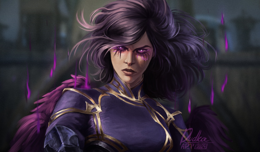 1girl 2024 artist_name black_hair blurry blurry_background breasts closed_mouth dudke_(dudkaart) highres large_breasts league_of_legends long_hair magic morgana_(league_of_legends) purple_wings serious solo upper_body violet_eyes wings