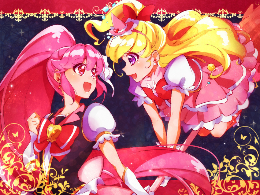 2girls :d aino_megumi asahina_mirai black_vest blonde_hair bow broom broom_riding cure_lovely cure_miracle detached_sleeves dress earrings eye_contact floating_hair hair_bow hairband happinesscharge_precure! hat hat_ornament heart heart_earrings heart_hat_ornament high_ponytail highres jewelry layered_dress long_hair looking_at_another mahou_girls_precure! multiple_girls pink_hair pink_hairband pink_headwear precure red_bow red_eyes shipu_(gassyumaron) short_sleeves smile very_long_hair vest violet_eyes white_dress white_sleeves witch_hat