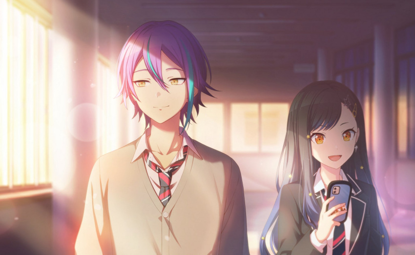 1boy 1girl :d aqua_hair black_jacket blue_necktie blurry blurry_background cardigan cellphone closed_mouth collarbone collared_shirt colorful_palette diagonal-striped_necktie gradient_hair grey_cardigan hair_ornament hairclip hallway height_difference highres holding holding_phone indoors jacket kamiyama_high_school_uniform_(project_sekai) lapels light_rays long_hair long_sleeves looking_ahead looking_to_the_side multicolored_hair multicolored_necktie necktie official_art open_mouth orange_eyes phone project_sekai red_necktie school_uniform second-party_source shiraishi_an shirt sign smartphone smile star_(symbol) star_hair_ornament streaked_hair sunbeam sunlight two-tone_hair upper_body white_shirt white_trim window