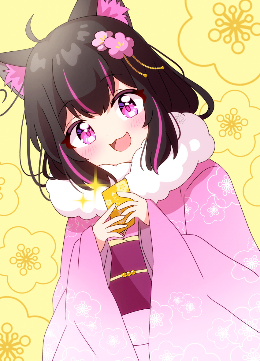 1girl :3 absurdres animal_ear_fluff animal_ears black_hair blush cat_ears cat_girl flower fur_collar hair_flower hair_ornament highres holding japanese_clothes kimono long_sleeves looking_at_viewer mmmera827 multicolored_hair open_mouth original pink_eyes pink_hair short_hair smile solo sparkle streaked_hair upper_body wide_sleeves yellow_background