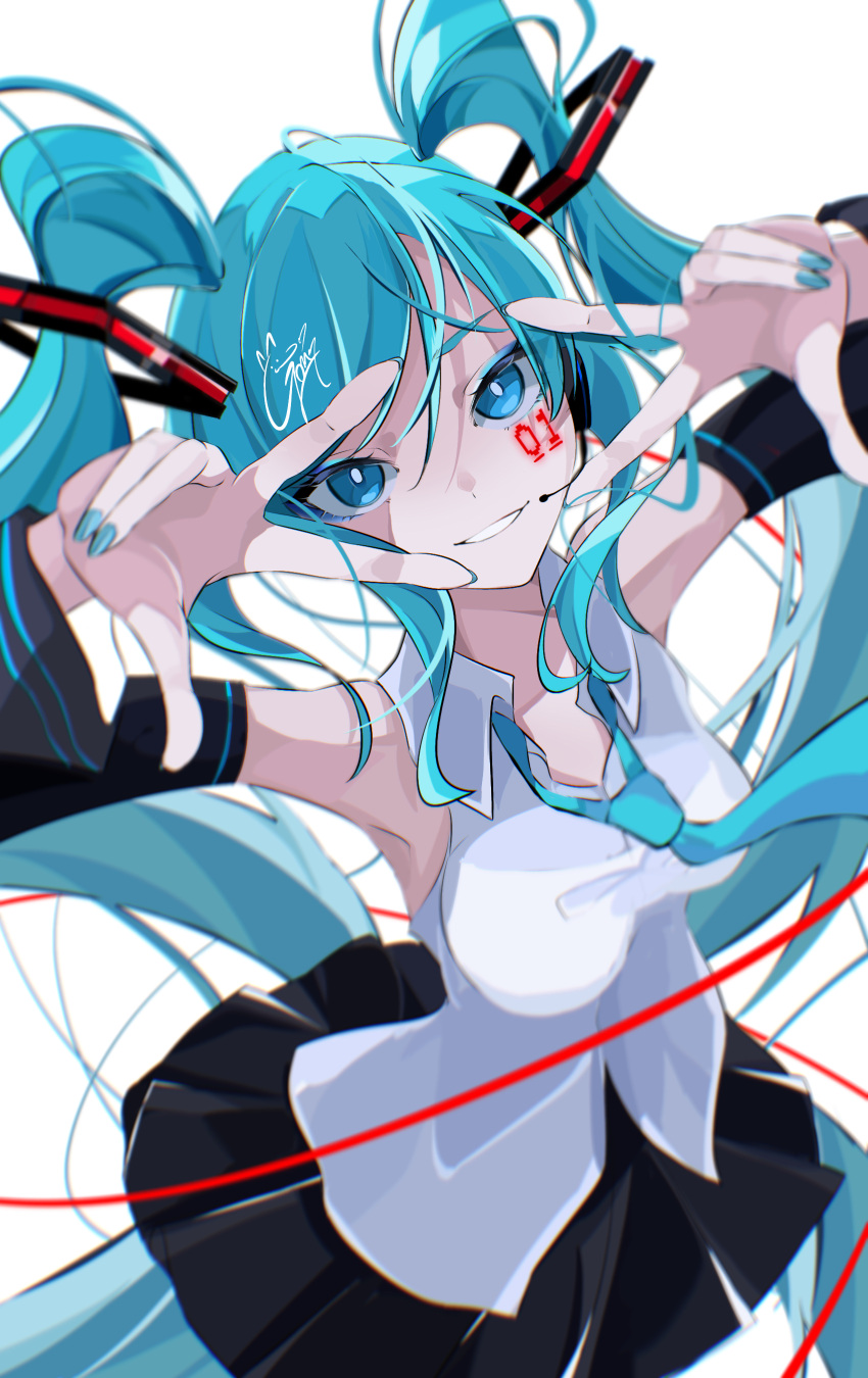 absurdres aqua_hair aqua_nails armpits arms_up black_skirt black_sleeves blue_eyes breasts bright_pupils colored_eyelashes commentary cowboy_shot detached_sleeves double_w facial_tattoo goma_irasuto hatsune_miku head_tilt highres long_hair looking_at_viewer medium_breasts microphone nail_polish number_tattoo shirt signature simple_background skirt sleeveless sleeveless_shirt smile tattoo twintails very_long_hair vocaloid w w_over_eye white_background white_pupils white_shirt