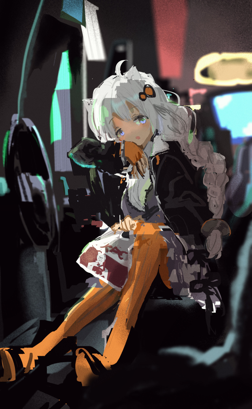 1girl absurdres ahoge animal_ears arcade arcade_cabinet arm_rest bag black_jacket blurry blurry_background bracelet braid cat_ears commentary_request dress fingerless_gloves full_body gloves grey_dress hair_ornament head_on_arm highres holding holding_bag indoors jacket jewelry kabuyama_kaigi kemonomimi_mode kfc kizuna_akari light_blush long_hair long_sleeves looking_at_viewer on_chair open_clothes open_jacket open_mouth orange_gloves orange_pantyhose pantyhose pinafore_dress plastic_bag shirt sitting sleeveless sleeveless_dress solo steering_wheel takeout_container violet_eyes vocaloid voiceroid white_hair white_shirt