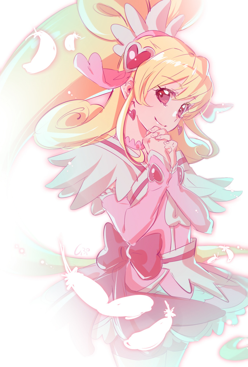 1girl aida_mana black_bow blonde_hair bow capelet closed_mouth cure_heart detached_sleeves dokidoki!_precure dress earrings feathers floating_hair hair_ornament heart heart_earrings heart_hair_ornament high_ponytail highres jewelry long_hair long_sleeves own_hands_clasped own_hands_together pink_dress pink_sleeves precure red_eyes shipu_(gassyumaron) short_dress sketch sleeves_past_wrists smile solo standing very_long_hair white_capelet white_feathers