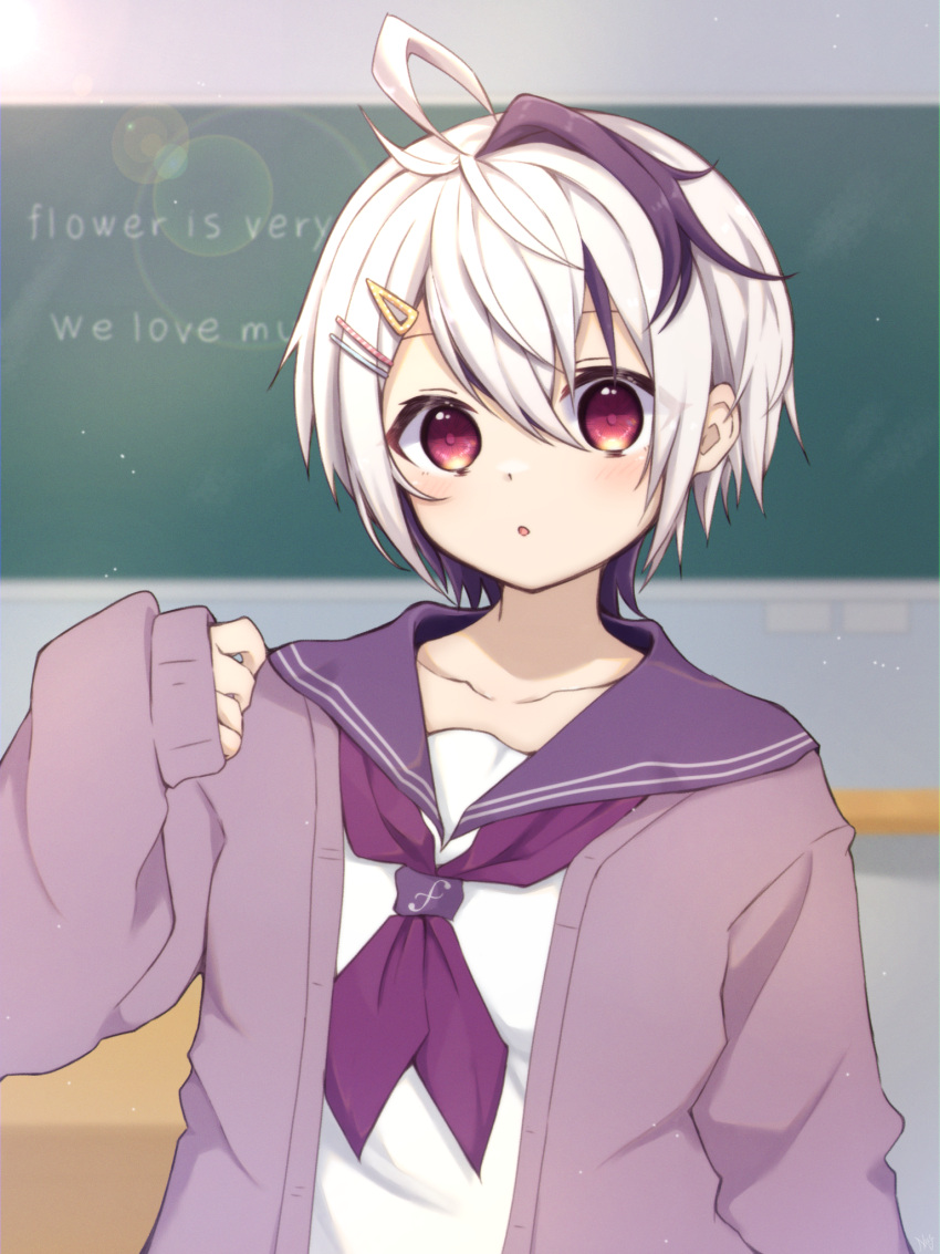 1girl :o ahoge chalkboard classroom collarbone english_text flower_(vocaloid) flower_(vocaloid4) hair_ornament hairclip highres indoors jacket long_sleeves looking_at_viewer multicolored_hair neckerchief open_mouth purple_hair purple_jacket purple_neckerchief purple_sailor_collar rageno0000 sailor_collar school shirt sleeves_past_wrists solo streaked_hair tomboy violet_eyes vocaloid white_hair white_shirt