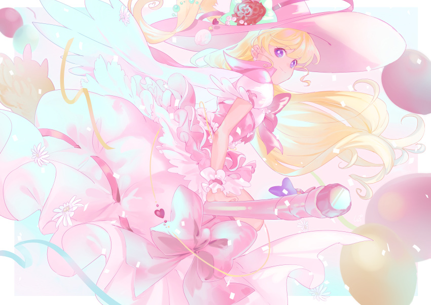 1girl asahina_mirai blonde_hair bow bowtie broom broom_riding closed_mouth cure_miracle floating_hair flower hat hat_flower highres layered_skirt long_hair mahou_girls_precure! miniskirt pink_bow pink_bowtie pink_headwear pink_skirt precure red_flower shipu_(gassyumaron) shirt skirt smile solo underbust very_long_hair violet_eyes white_flower white_shirt white_skirt witch_hat wrist_cuffs