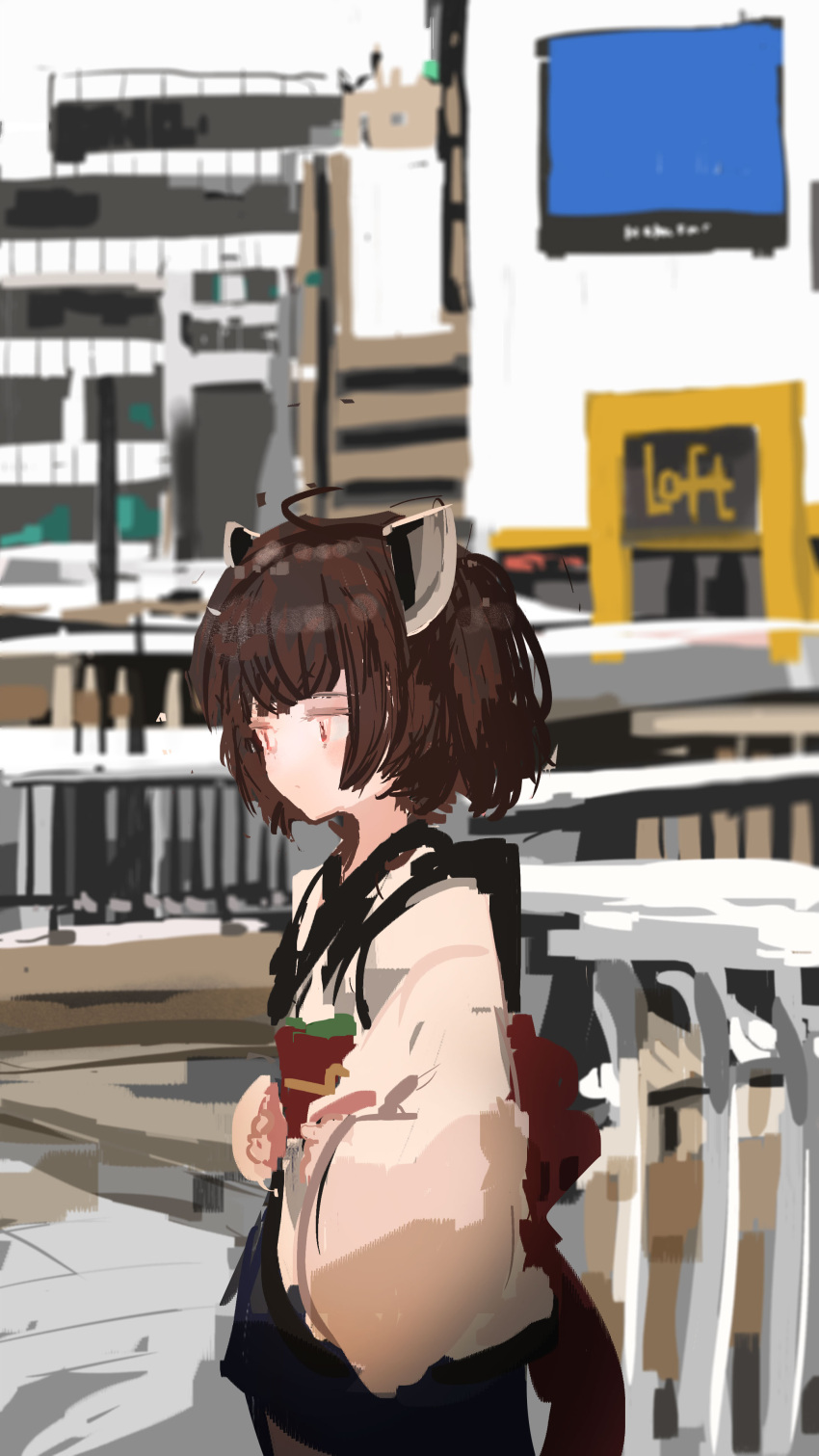 1girl absurdres ahoge billboard blurry blurry_background blush brown_hair building city closed_mouth commentary_request cowboy_shot day expressionless from_side headgear highres japanese_clothes jitome kabuyama_kaigi kimono long_sleeves looking_ahead obi obijime outdoors pedestrian_bridge pink_eyes railing sash short_hair short_kimono skirt solo touhoku_kiritan urban voiceroid wide_sleeves