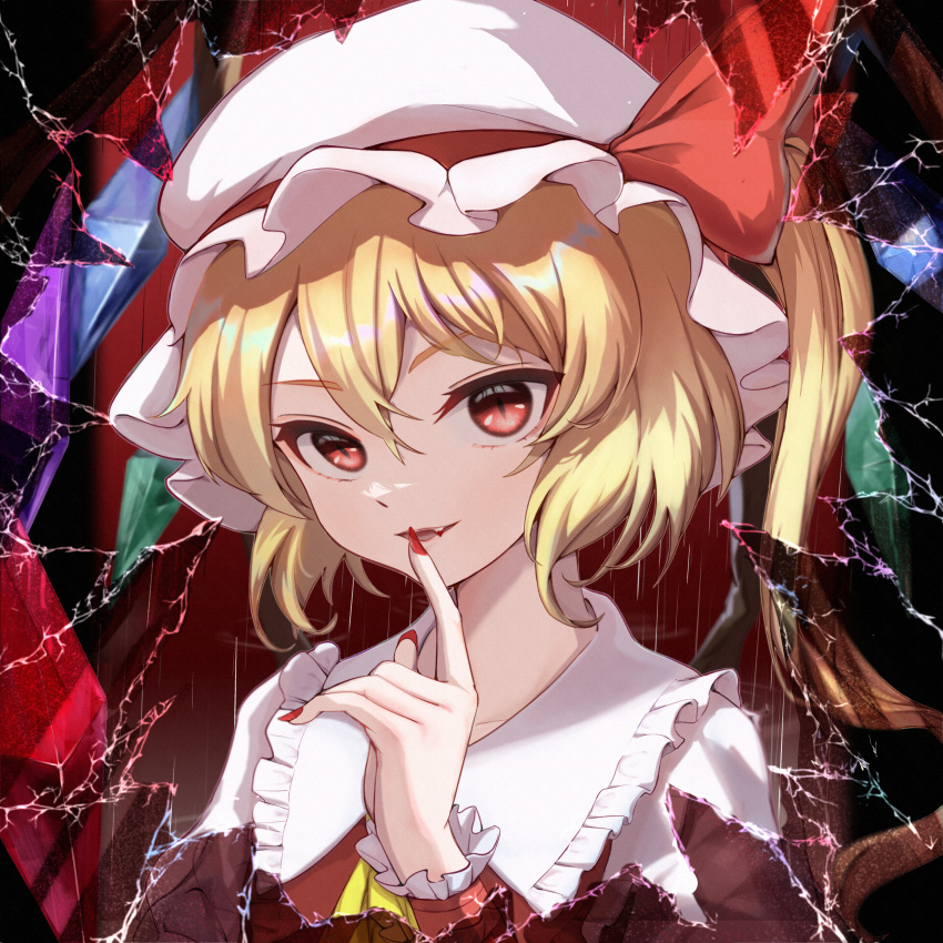 1girl 929540423 absurdres ascot blonde_hair blood_on_mouth crystal dress fang flandre_scarlet hat highres medium_hair red_dress red_eyes red_nails side_ponytail slit_pupils solo touhou upper_body yellow_ascot