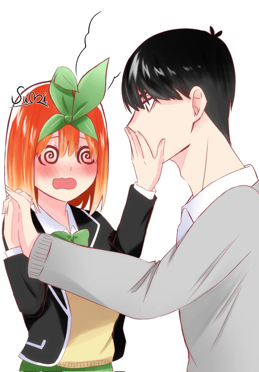 1boy 1girl @_@ antenna_hair black_hair black_jacket blush commentary couple covering_mouth embarrassed eyebrows_hidden_by_hair from_side go-toubun_no_hanayome green_ribbon hair_between_eyes hair_ribbon hand_over_another's_mouth hetero highres holding_hands interlocked_fingers jacket kaneko428suki long_sleeves medium_hair nakano_yotsuba nose_blush open_clothes open_jacket open_mouth orange_hair profile rejected_kiss ribbon school_uniform signature simple_background sweater_vest uesugi_fuutarou upper_body wavy_mouth white_background yellow_sweater_vest