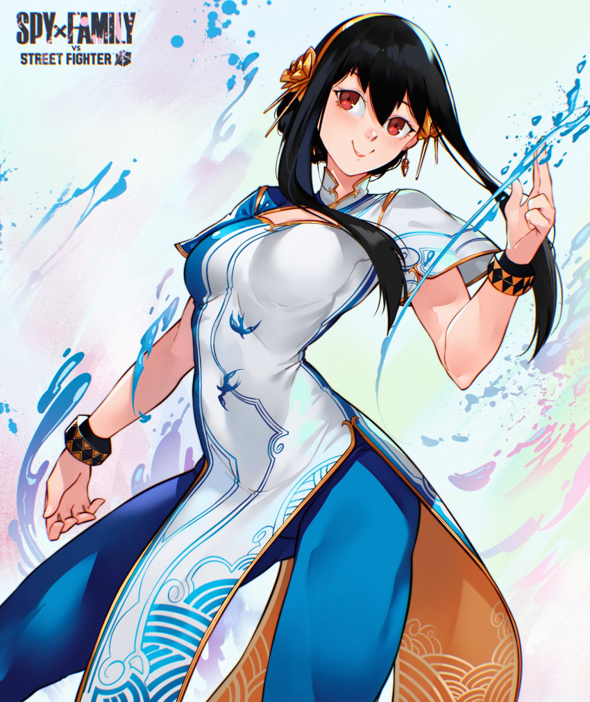 1girl black_hair blue_leggings breasts cesar_art456 china_dress chinese_clothes chun-li chun-li_(cosplay) closed_mouth commentary copyright_name cosplay crossover dress english_commentary feet_out_of_frame hair_between_eyes hairband highres leggings long_hair medium_breasts pelvic_curtain red_eyes smile solo spy_x_family standing street_fighter street_fighter_6 water white_background wristband yellow_hairband yor_briar