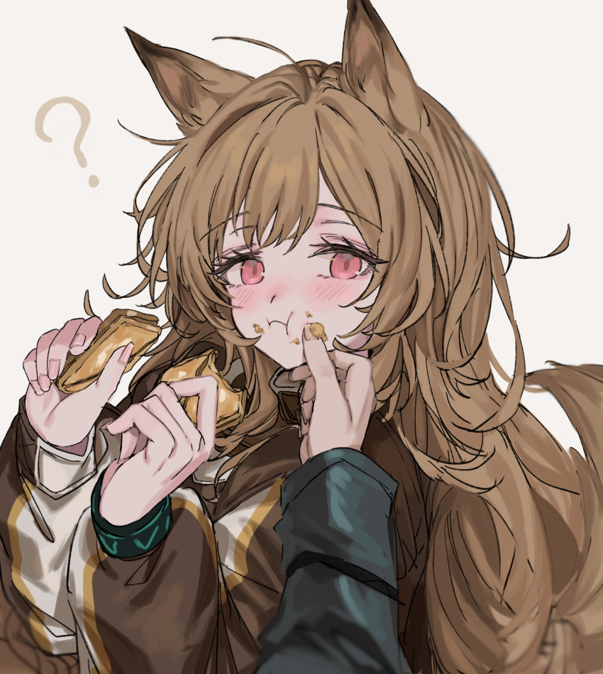 1girl ? animal_ears aogisa arknights brown_hair ceobe_(arknights) crumbs dog_ears dog_girl eating eyelashes food hair_between_eyes hand_on_another's_cheek hand_on_another's_face highres holding holding_food infection_monitor_(arknights) jacket long_hair looking_at_viewer red_eyes simple_background white_background