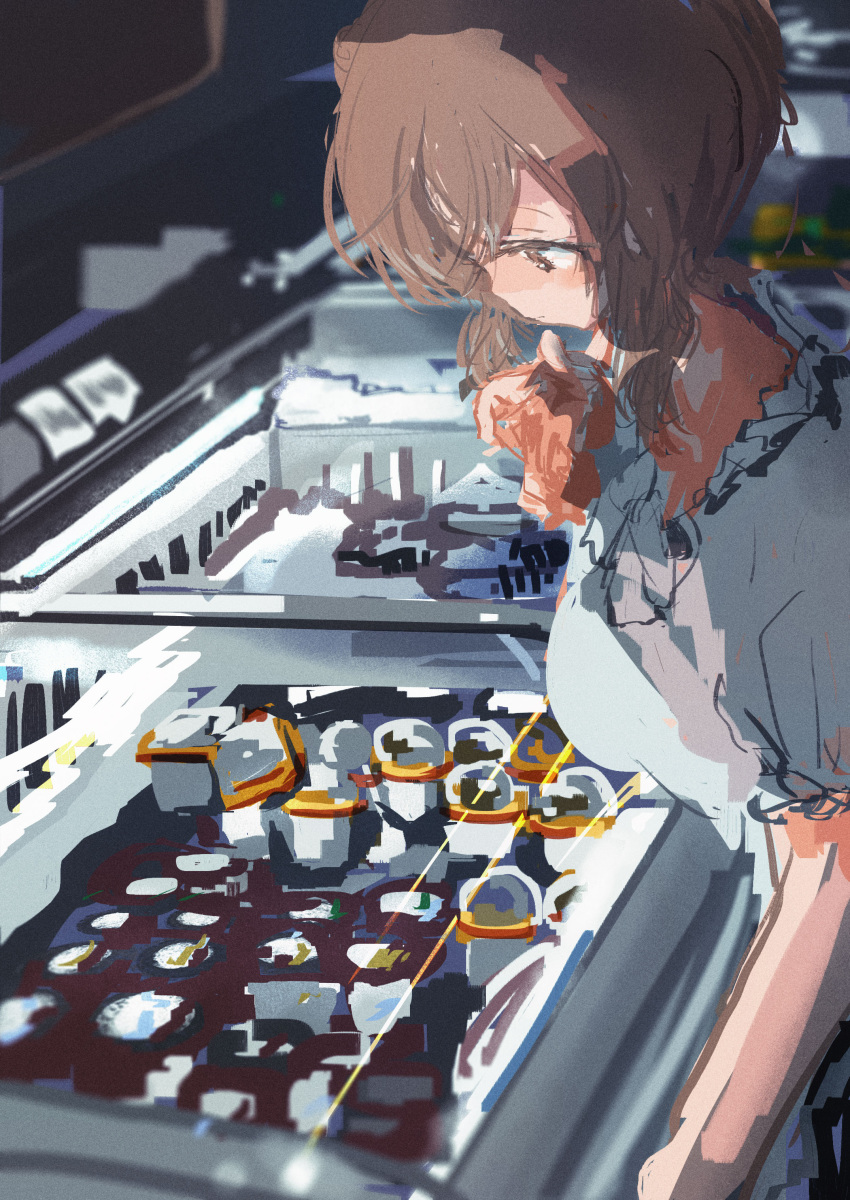 1girl absurdres breasts brown_eyes brown_hair cevio closed_eyes commentary_request cooler dress film_grain from_side hand_up highres ice_cream_cup indoors kabuyama_kaigi large_breasts looking_at_food looking_down profile satou_sasara short_sleeves solo thinking underlighting upper_body white_dress