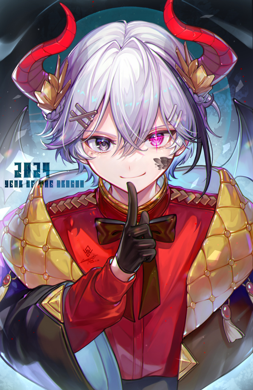 1boy 2024 black_bow black_eyes black_gloves black_jacket bow chinese_zodiac closed_mouth dragon_boy dragon_horns finger_to_mouth gloves grey_hair hair_ornament hairpin heterochromia highres horns jacket male_focus mole mole_under_eye nixtutyannh original red_shirt scales shirt shushing smile violet_eyes year_of_the_dragon