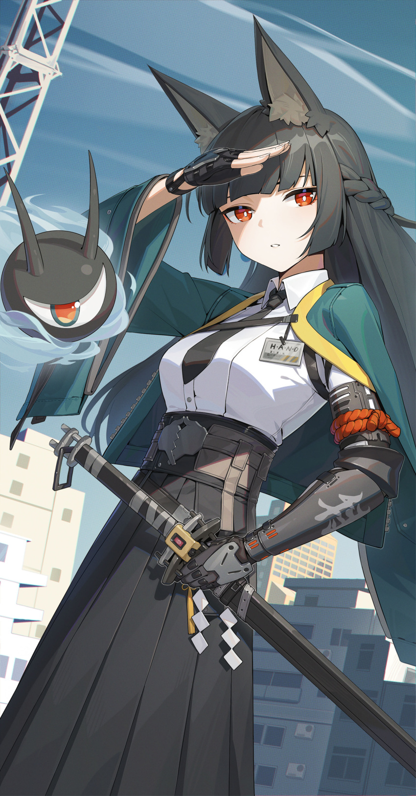 1girl absurdres animal_ears black_hair black_necktie blunt_bangs building chinese_commentary collared_shirt commentary_request fingerless_gloves fox_ears gauntlets gloves green_jacket highres holding holding_sword holding_weapon hoshimi_miyabi jacket katana long_hair necktie outdoors red_eyes shirt single_fingerless_glove single_gauntlet solo sword weapon white_shirt yidie zenless_zone_zero