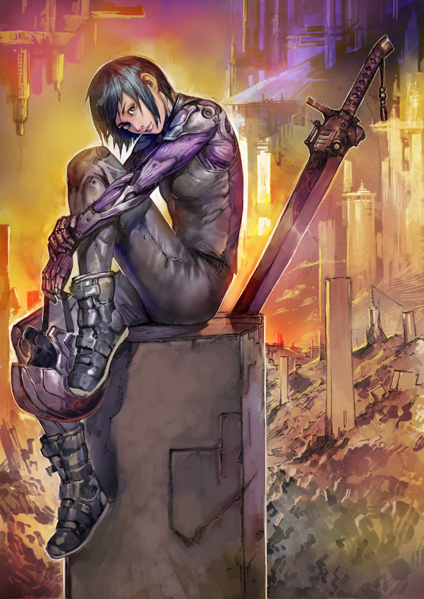 1girl alita alita:_battle_angel battle_angel_alita black_hair bodysuit boots breasts closed_mouth cyberpunk cyborg floating_city full_body helmet highres holding joints lips looking_at_viewer mechanical_arms medium_breasts metal_skin robot_joints science_fiction short_hair sitting solo studiowestflat sword weapon