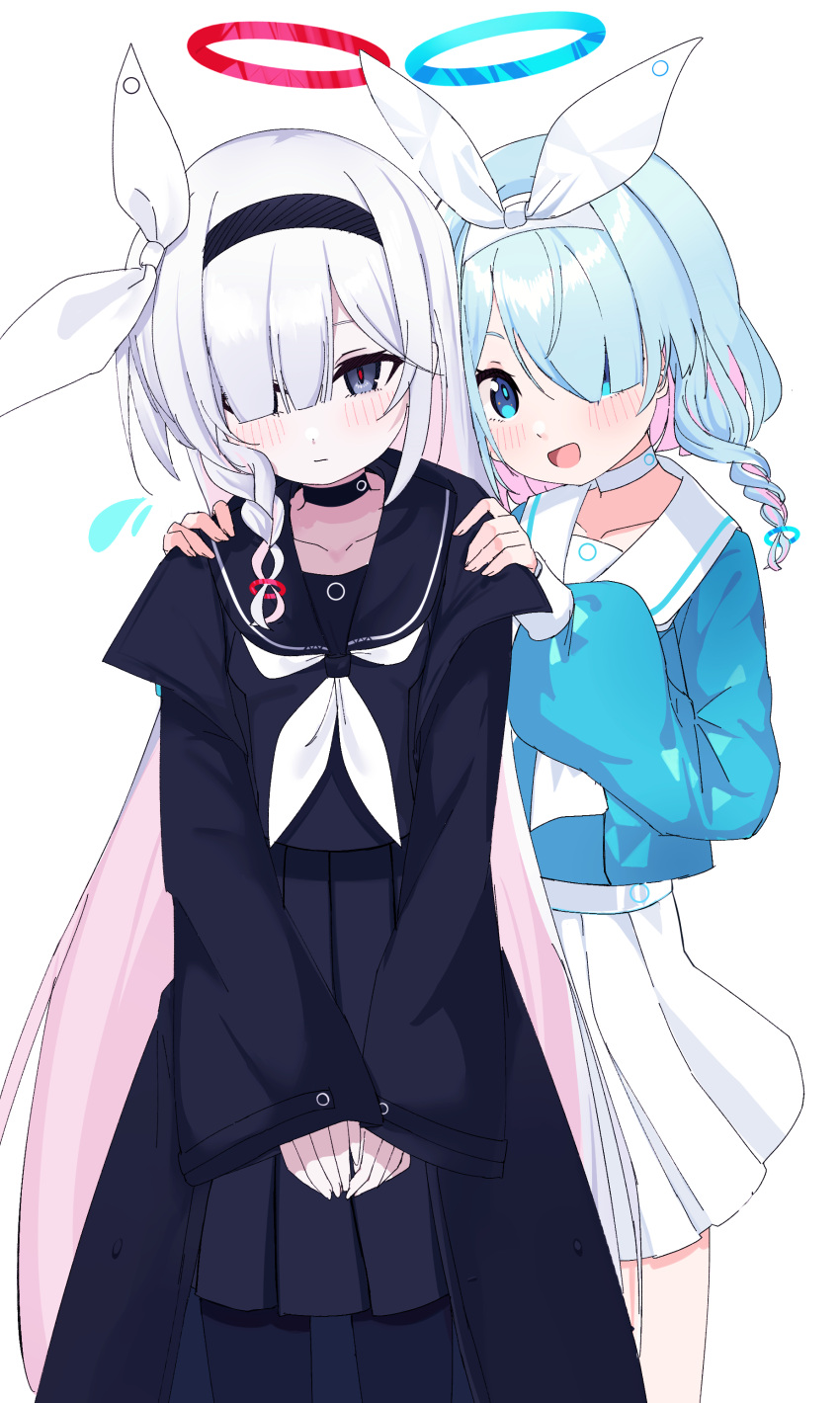 2girls :d absurdres amaton707 aqua_hair arona_(blue_archive) black_choker black_coat black_pantyhose black_serafuku black_skirt blue_archive blue_eyes blue_serafuku blunt_bangs braid choker coat collarbone colored_inner_hair commentary_request flying_sweatdrops grey_eyes hair_ornament hair_over_one_eye hairband halo hands_on_another's_shoulders head_tilt highres long_hair long_sleeves looking_at_viewer multicolored_hair multiple_girls open_clothes open_coat pantyhose parted_bangs plana_(blue_archive) pleated_skirt school_uniform serafuku short_hair sidelocks simple_background single_braid skirt smile two-tone_hair v_arms white_background white_choker white_hair white_skirt