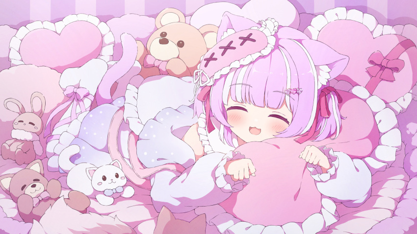 1girl :3 animal_ears cat_ears cat_girl cat_tail closed_eyes commentary commission facing_viewer frilled_pillow frills heart heart_pillow highres on_bed open_mouth original paw_pose pillow pink_hair skeb_commission sleep_mask sleepwear smile solo stuffed_animal stuffed_toy tail teddy_bear tyakomes variant_set