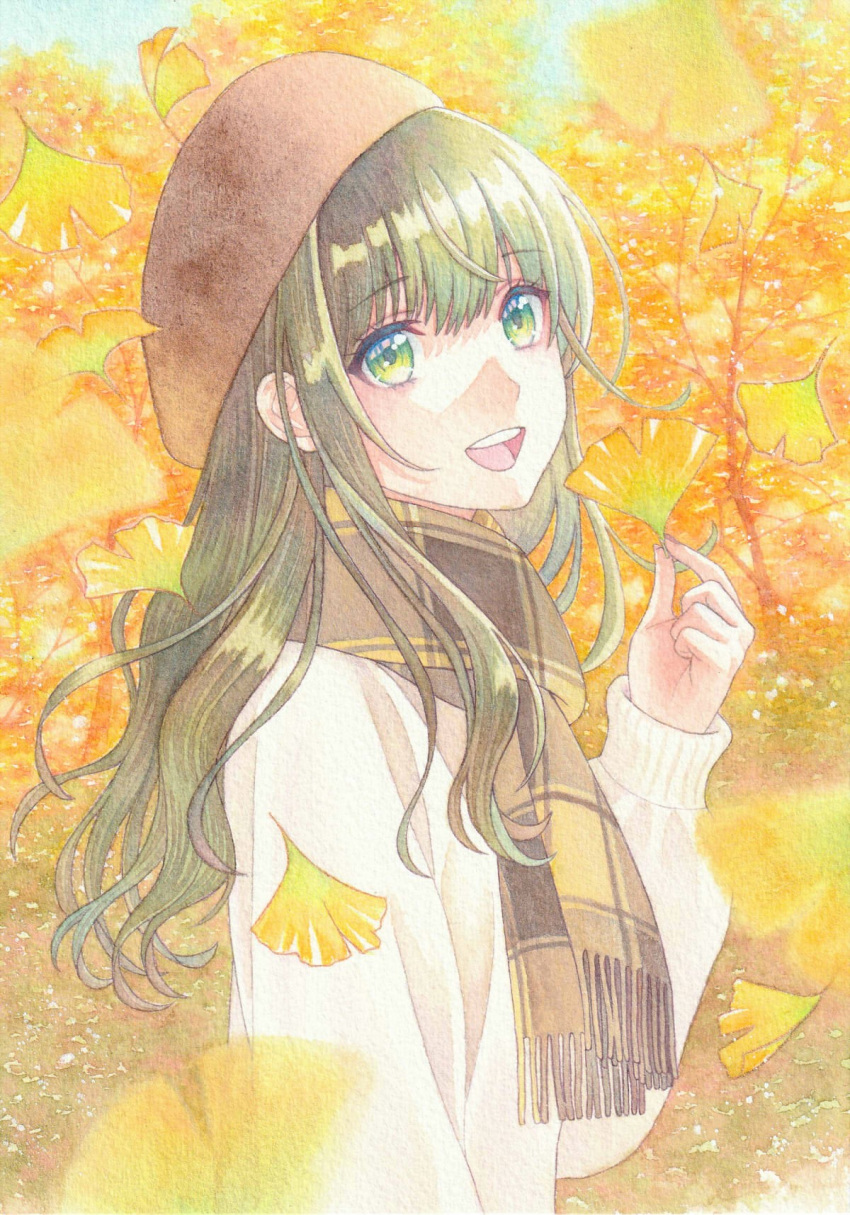 1girl autumn_leaves from_side ginkgo_leaf green_eyes green_hair hat highres holding holding_leaf k.nishiyama leaf long_hair long_sleeves looking_at_viewer open_mouth original painting_(medium) plaid plaid_scarf scarf smile solo sweater traditional_media tree upper_body watercolor_(medium)