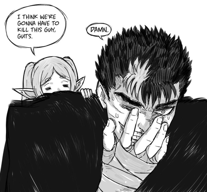 1boy 1girl =_= bandaged_arm bandages basedlida berserk black_hair crossover elf english_text evil_smile frieren greyscale guts_(berserk) hand_on_another's_shoulder hand_on_own_face i_think_we're_gonna_have_to_kill_this_guy_steven_(meme) meme monochrome multicolored_hair one_eye_closed parted_bangs pointy_ears scar scar_on_face short_eyebrows smile sousou_no_frieren speech_bubble sweatdrop twintails white_hair