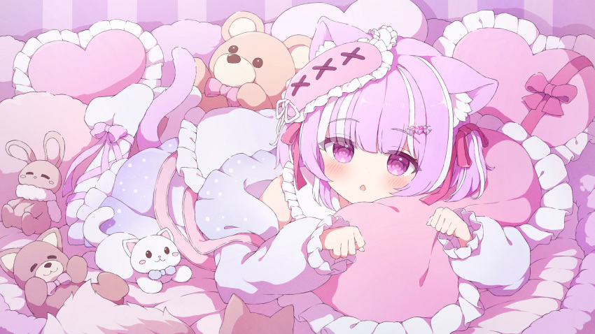 1girl :o animal_ears cat_ears cat_girl cat_tail commentary commission frilled_pillow frills heart heart_pillow highres looking_at_viewer on_bed open_mouth original paw_pose pillow pink_eyes pink_hair skeb_commission sleep_mask sleepwear smile solo stuffed_animal stuffed_toy tail teddy_bear tyakomes variant_set