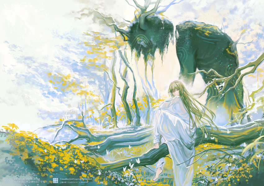 1other androgynous barefoot bug bush butterfly cangchen clouds commentary day english_commentary enkidu_(fate) fate/grand_order fate_(series) from_side full_body grass green_eyes green_hair hair_between_eyes highres in_tree knee_up long_hair long_sleeves looking_at_viewer looking_to_the_side monster other_focus outdoors pants robe sitting sitting_in_tree smile solo tree white_pants white_robe