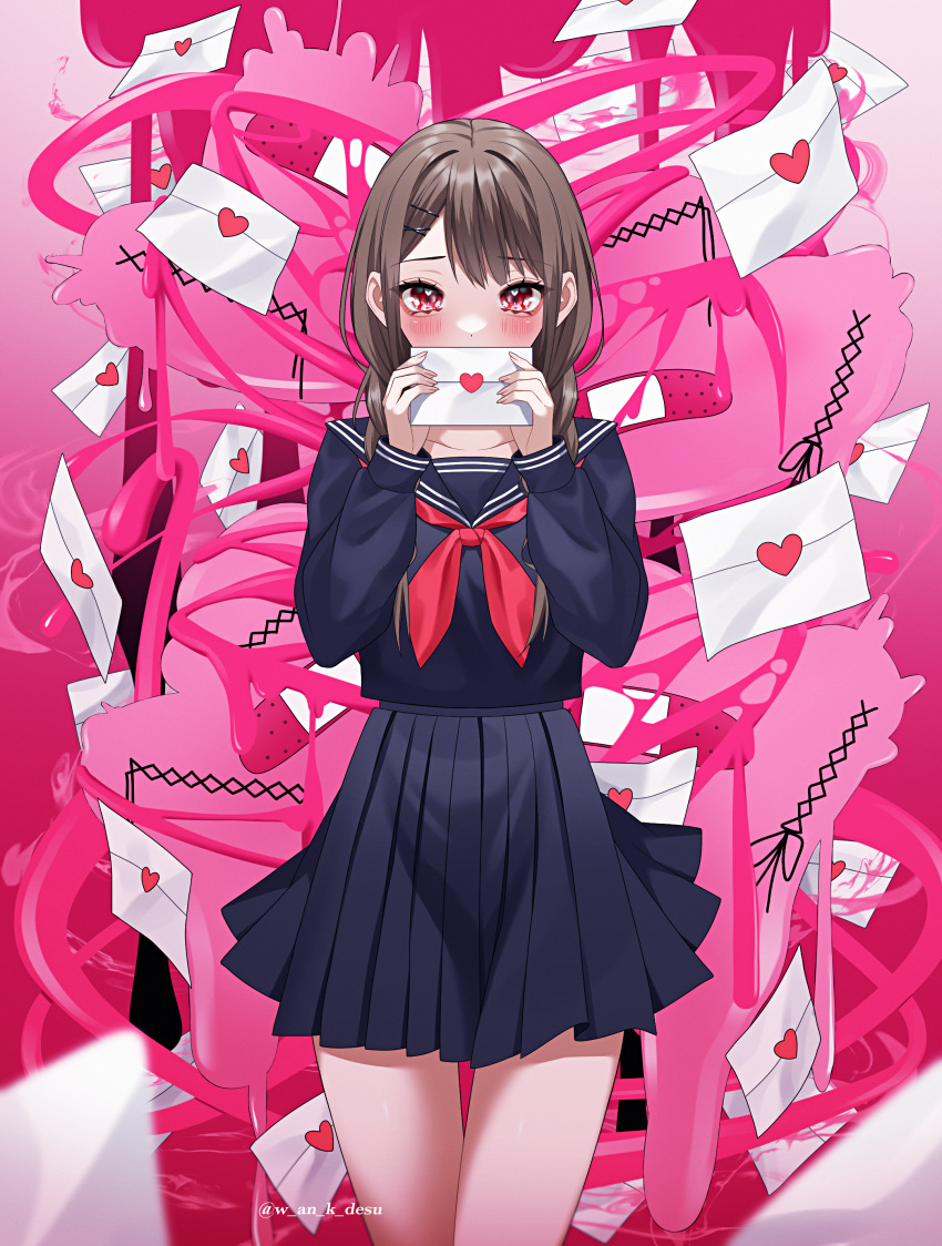 1girl absurdres bandaid blush braid brown_hair commentary covering_mouth envelope hair_ornament hairclip heart heart_in_eye highres holding holding_envelope long_hair long_sleeves looking_at_viewer love_letter original pleated_skirt red_eyes school_uniform serafuku skirt solo symbol-only_commentary symbol_in_eye twin_braids wanko_(yurika0320)