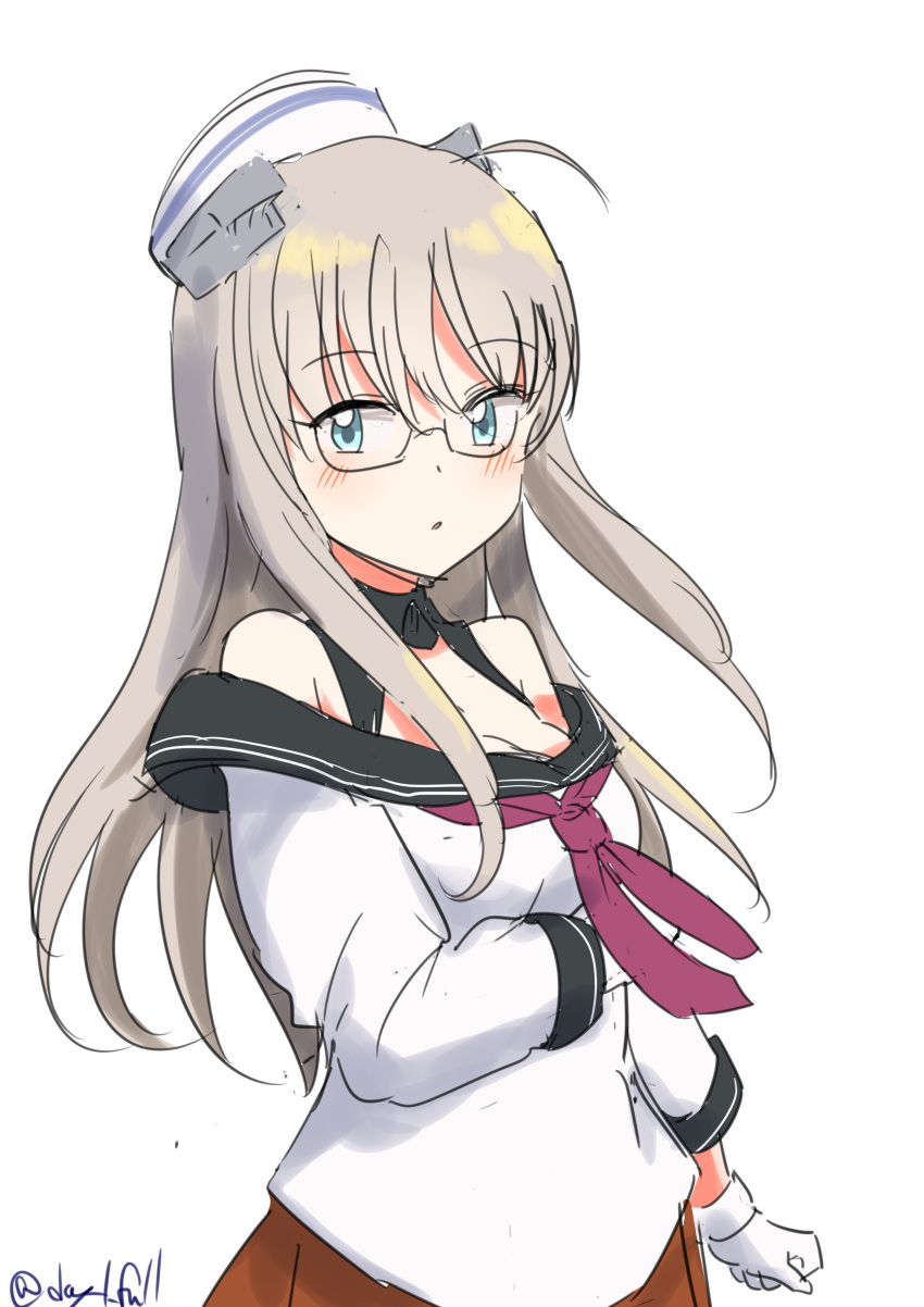 1girl absurdres alternate_color black_sailor_collar brown_skirt detached_collar dixie_cup_hat dress glasses gloves grey_eyes grey_hair hat headgear heywood_l._edwards_(kancolle) highres kantai_collection long_hair military_hat neckerchief one-hour_drawing_challenge pink_neckerchief pleated_dress robinson_(day_l_full) sailor_collar sailor_shirt school_uniform serafuku shirt simple_background skirt solo upper_body white_background white_gloves white_headwear white_shirt