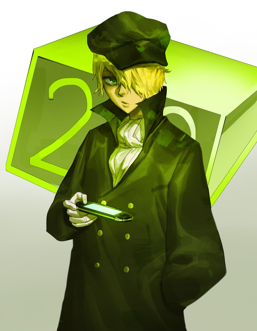 1boy :/ absurdres black_coat black_headwear bleach blonde_hair buttons cabbie_hat coat cowboy_shot double-breasted gloves gradient_background green_eyes green_theme hair_over_one_eye hand_in_pocket hand_up handheld_game_console hat hieumay highres holding looking_at_viewer male_focus nostrils number_background one_eye_covered playstation_portable popped_collar scarf simple_background solo standing white_background white_gloves white_scarf yukio_hans_vorarlberna
