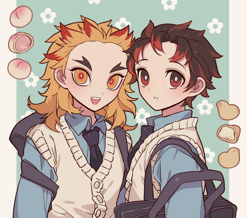 2boys :d alternate_costume bag black_hair black_necktie blonde_hair blue_background blue_shirt collared_shirt colored_tips commentary_request contemporary food forked_eyebrows fruit highres kamado_tanjirou kimetsu_no_yaiba long_sleeves looking_at_viewer male_focus meremero multicolored_hair multiple_boys necktie open_mouth peach red_eyes redhead rengoku_kyoujurou school_bag school_uniform shirt short_hair smile sweater_vest upper_body yellow_eyes