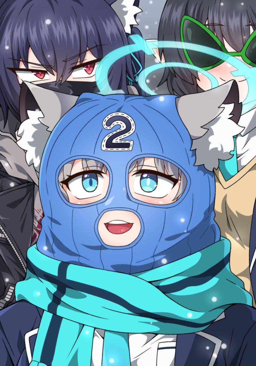 3girls :d absurdres animal_ear_fluff animal_ears ayane_(blue_archive) balaclava black_hair blue_archive blue_eyes blue_scarf cat_ears cat_girl collared_shirt commentary_request devil_yanghyeok grey_hair hair_between_eyes halo highres long_hair long_sleeves looking_at_viewer mask medium_hair mismatched_pupils mouth_mask multiple_girls necktie red_eyes scarf school_uniform serika_(blue_archive) shiroko_(blue_archive) shirt sidelocks smile snowing sunglasses twintails wolf_ears wolf_girl