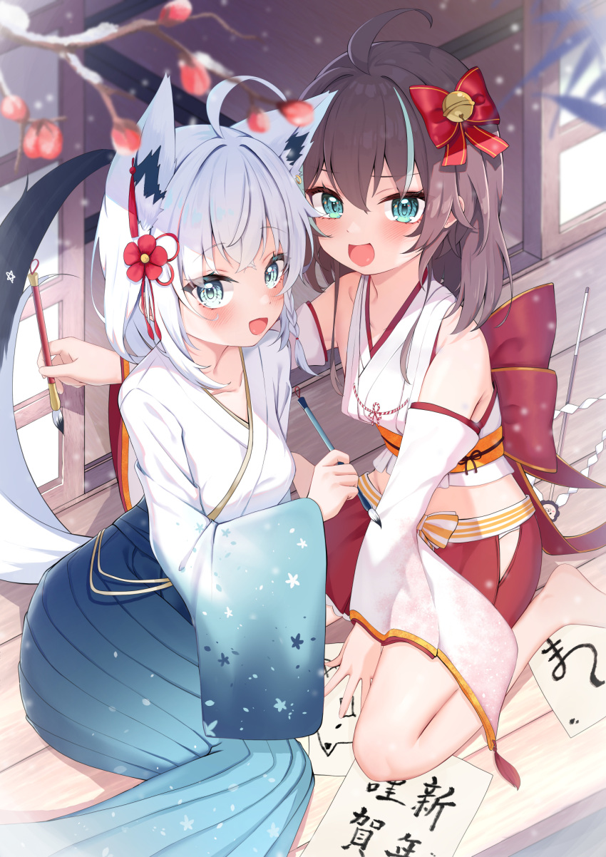 2girls ahoge animal_ear_fluff animal_ears aqua_eyes barefoot bell blue_hakama blue_kimono blush bow brown_hair commentary_request crop_top day detached_sleeves double-parted_bangs feet_out_of_frame flower fox_ears fox_girl fox_tail gradient_kimono hair_bell hair_between_eyes hair_bow hair_flower hair_ornament hakama hakama_short_skirt hakama_skirt high-waist_skirt highres holding holding_paintbrush hololive japanese_clothes kanzashi kimono long_hair long_sleeves looking_at_viewer medium_hair midriff multiple_girls natsuiro_matsuri natsuiro_matsuri_(new_year) new_year nontraditional_miko official_alternate_costume on_floor open_mouth outdoors paintbrush paper partial_commentary red_bow red_skirt shirakami_fubuki shirakami_fubuki_(new_year) sidelocks sitting skirt smile snowing tail tatami translation_request virtual_youtuber wariza white_hair white_kimono wide_sleeves wooden_floor yokozuwari yoshie_eneko