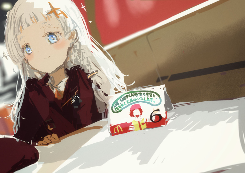 1girl a.i._voice absurdres beret blue_eyes blunt_bangs blurry blurry_background blush braid closed_mouth coat commentary_request hand_on_table hat highres indoors kabuyama_kaigi kizuna_akari kizuna_akari_(tsubomi) long_hair looking_to_the_side mcdonald's red_coat red_headwear restaurant ronald_mcdonald side_braid smile solo sparkle sparkle_hair_ornament table unworn_hat unworn_headwear voiceroid white_hair