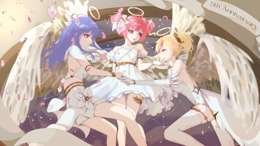 3girls absurdres angel angel_wings anniversary arm_behind_back bare_shoulders blonde_hair blue_hair buro_(muse_dash) closed_eyes dress elbow_gloves feathered_wings gloves gold_belt halo highres holding_another's_head holding_hands kuukinaru long_hair marija_(muse_dash) multicolored_hair multiple_girls muse_dash navel petals pink_eyes pink_hair ponytail puffy_short_sleeves puffy_sleeves rin_(muse_dash) short_hair short_sleeves short_twintails streaked_hair thigh-highs twintails white_dress white_gloves white_thighhighs wings